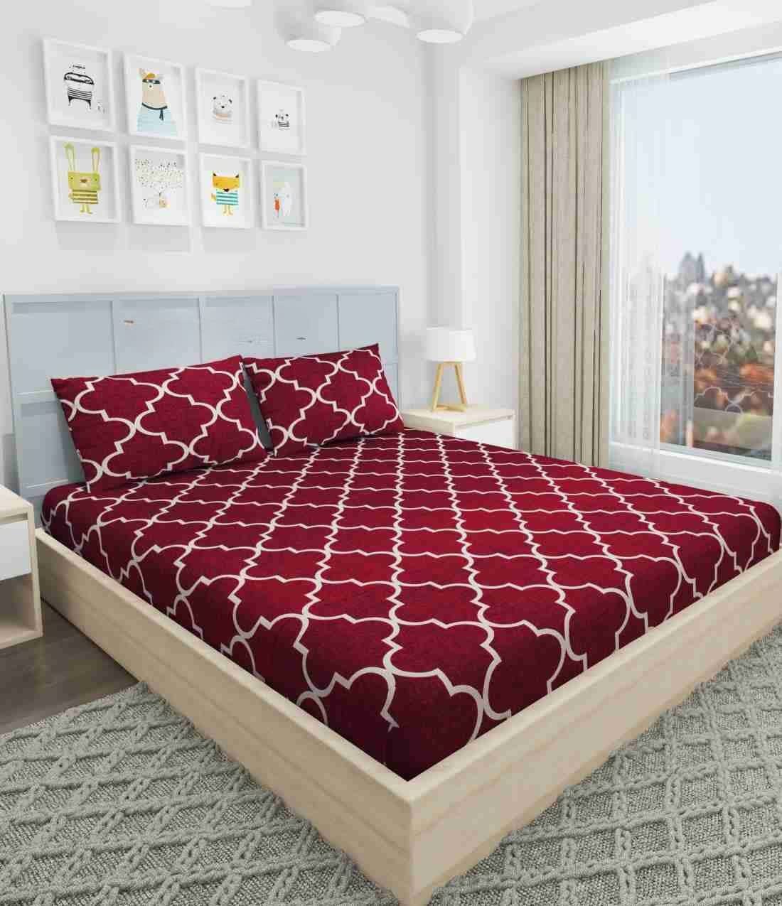 RED CHECKERED Premium  Fitted Floral Bedsheet RED with 2 Pillow Covers (72X78X Upto 10 Inches) & 360 Degree Elasticated
