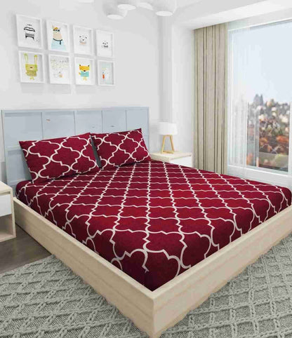 RED CHECKERED Premium  Fitted Floral Bedsheet RED with 2 Pillow Covers (72X78X Upto 10 Inches) & 360 Degree Elasticated