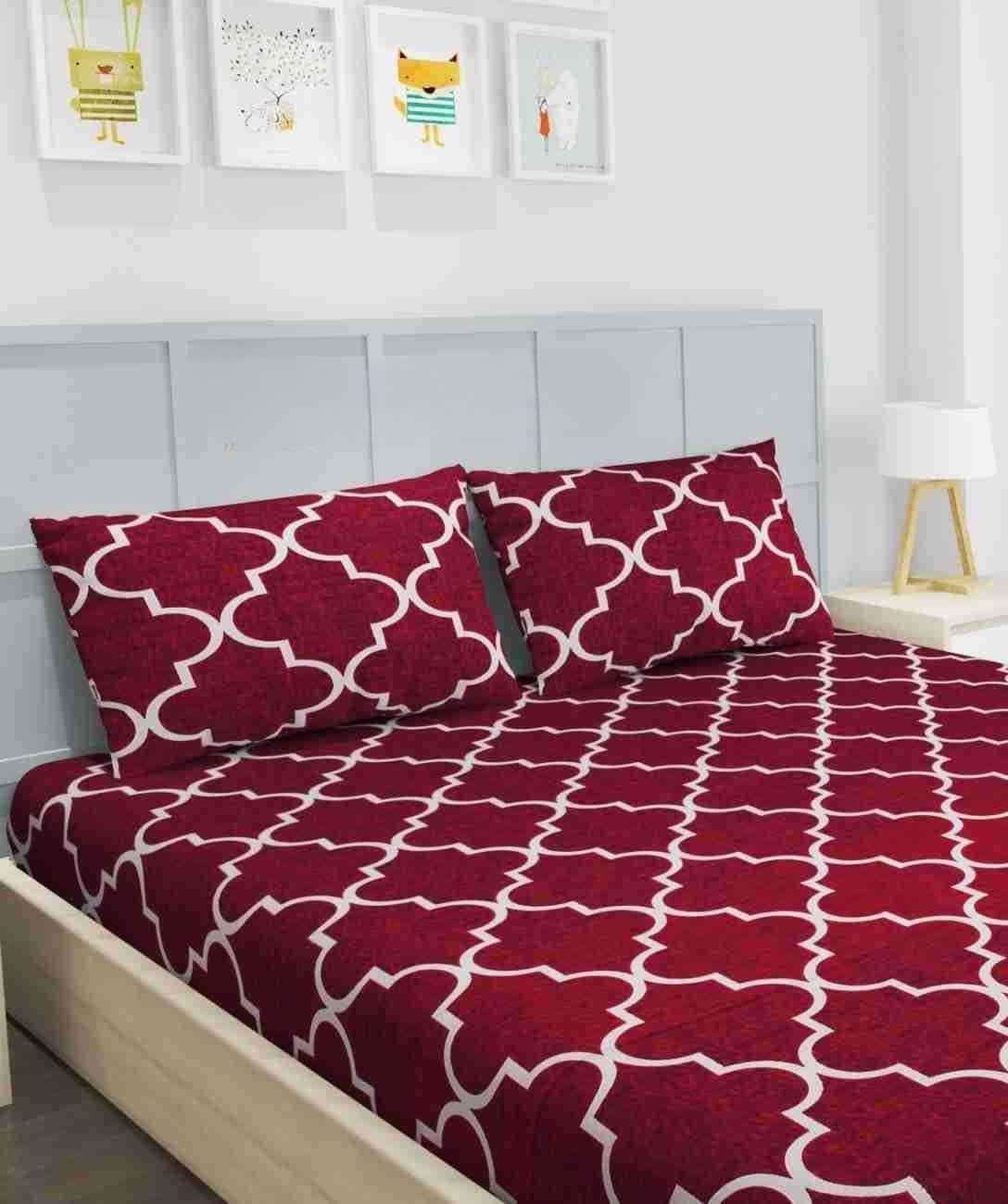 RED CHECKERED Premium  Fitted Floral Bedsheet RED with 2 Pillow Covers (72X78X Upto 10 Inches) & 360 Degree Elasticated