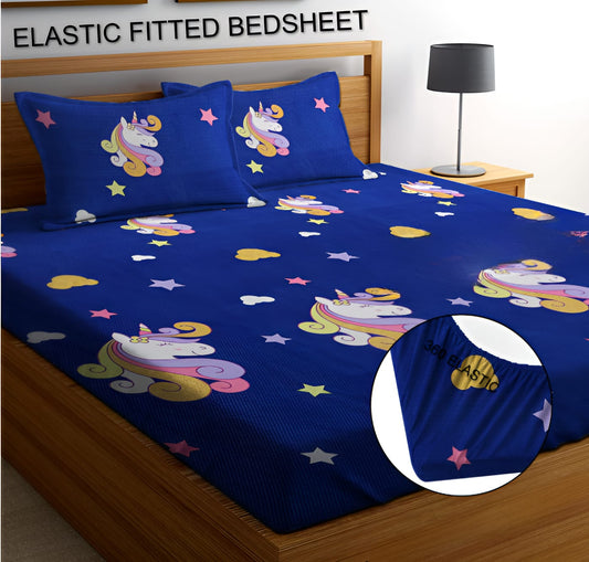 UNICORN Premium  Fitted Bedsheet Multicolor with 2 Pillow Covers (72X78X Upto 10 Inches) & 360 Degree Elasticated