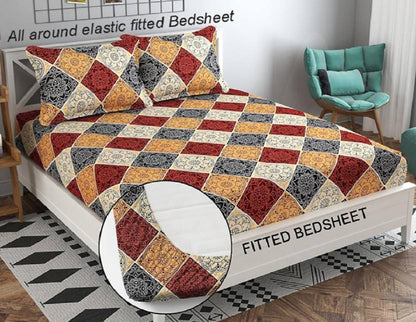 RED DAMASSES Fitted Bedsheet with 2 Pillow Covers (72X78X Upto 10 Inches) & 360 Degree Elasticated