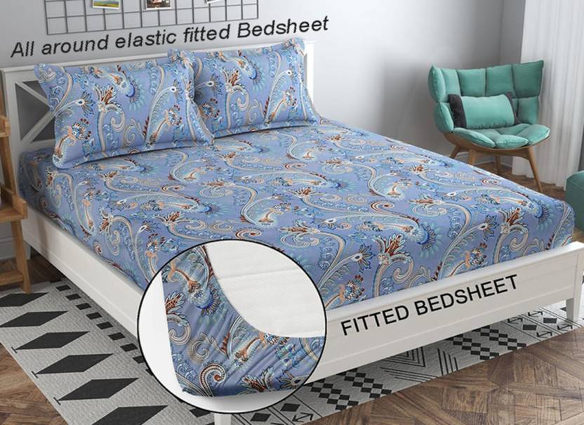 BLUE MAHARAJA Fitted Bedsheet with 2 Pillow Covers (72X78X Upto 10 Inches) & 360 Degree Elasticated