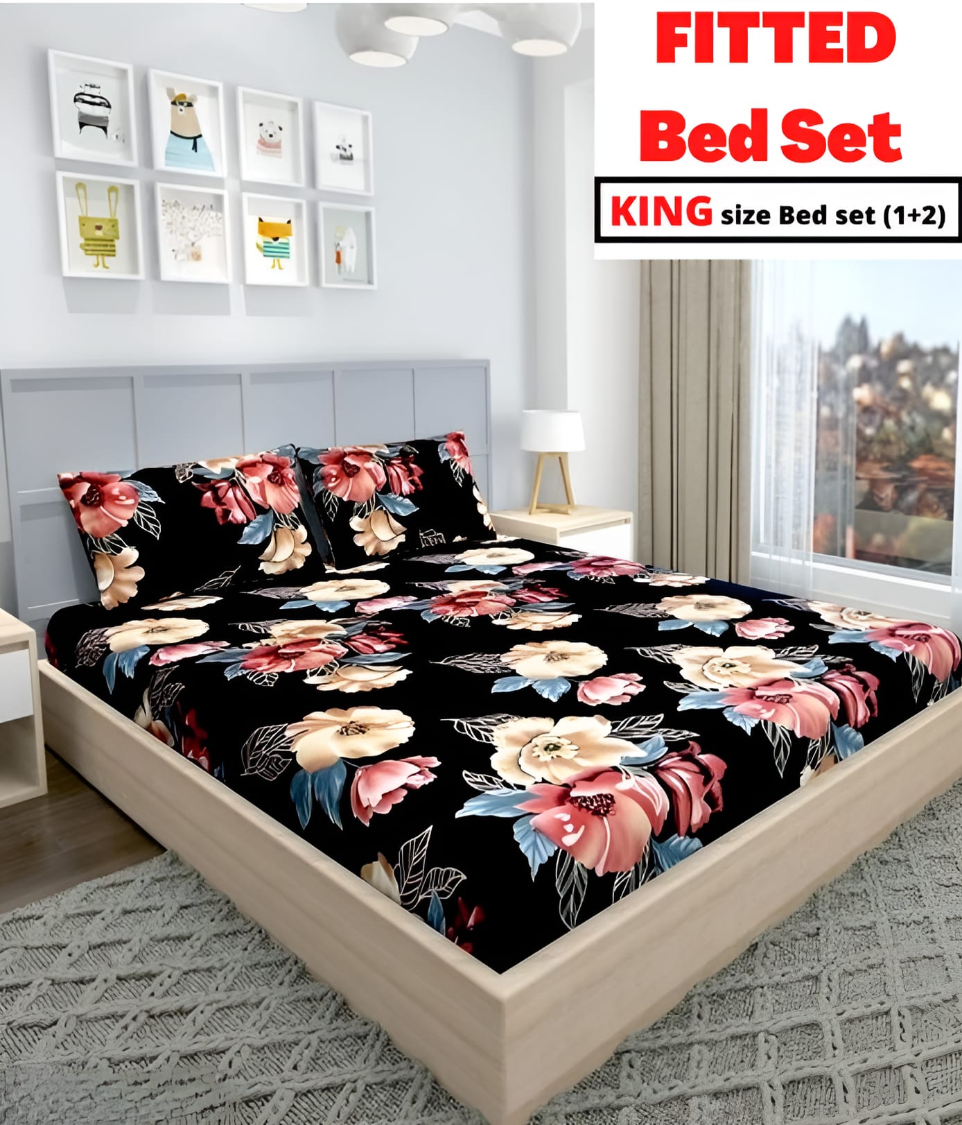 BLACK AND GOLDEN Premium  Fitted Bedsheet with 2 Pillow Covers (72X78X Upto 10 Inches) & 360 Degree Elasticated