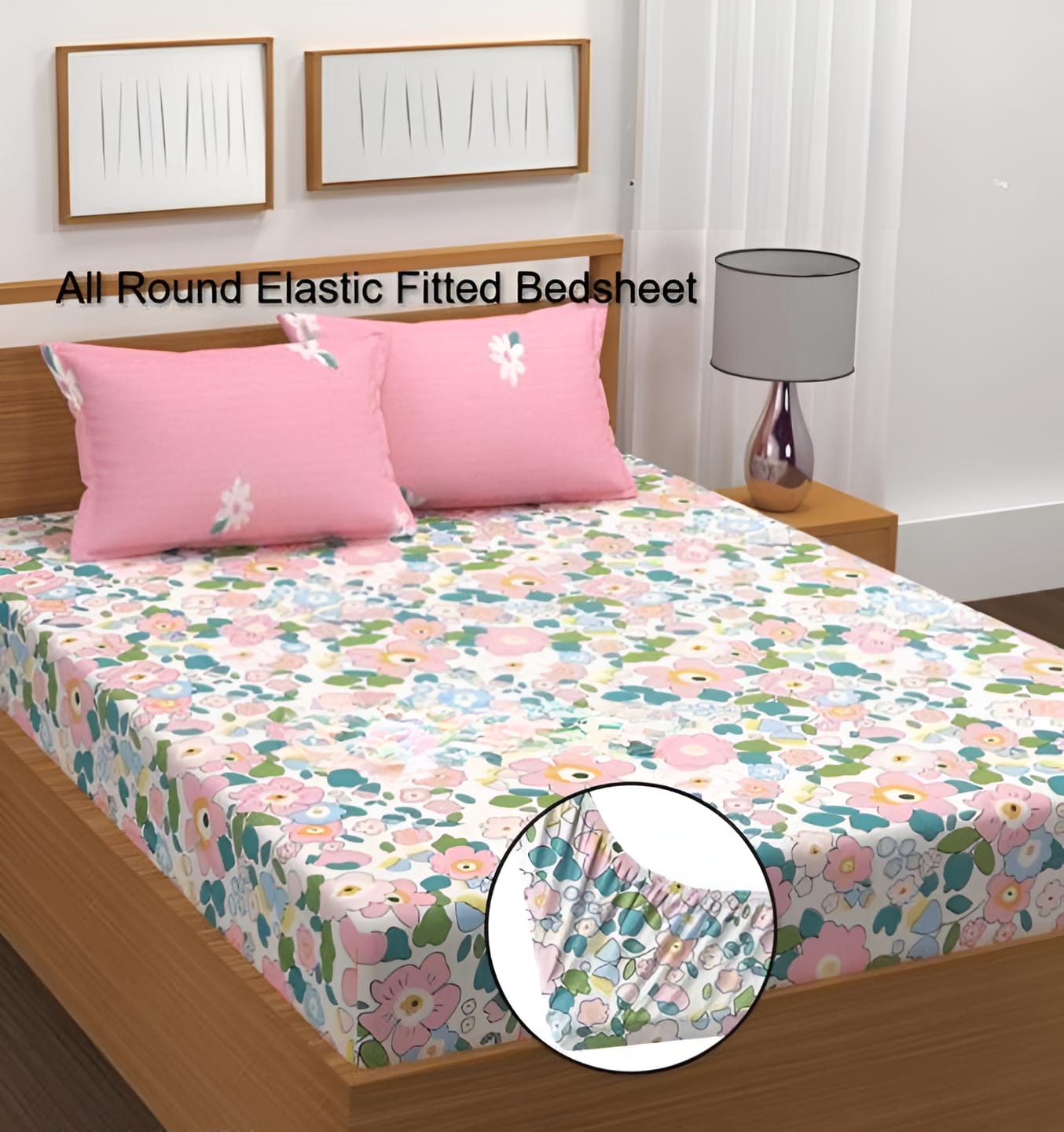 DECOR HUB Premium King Size Fitted Floral Bedsheet with 2 Pillow Covers (72X78X Upto 10 Inches) & 360 Degree Elasticated