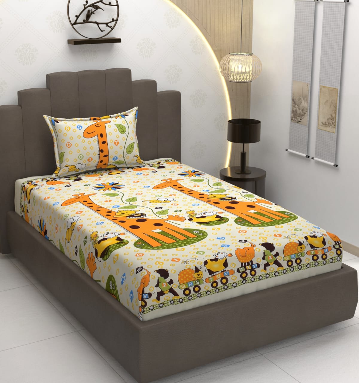 220 TC Giraafe Design Single Bed Fitted Bedsheet Having Size 36X72 (Fits Upto 8 Inches Of Mattress)