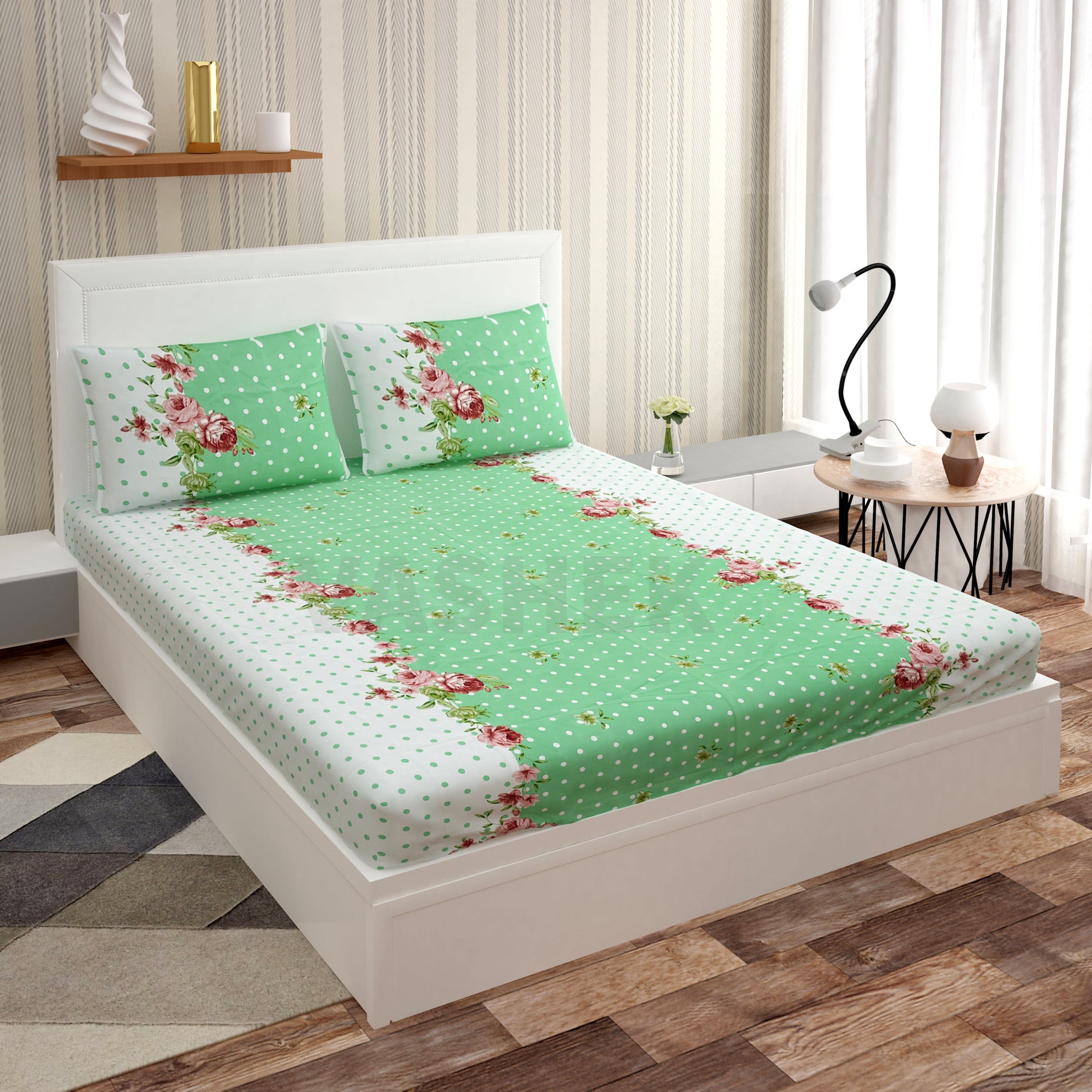 GREEN DOTTED Bedsheet For Double Bed With 2 Pillow Cover (72X78X Upto 10 Inches) & 360 Degree Elasticated