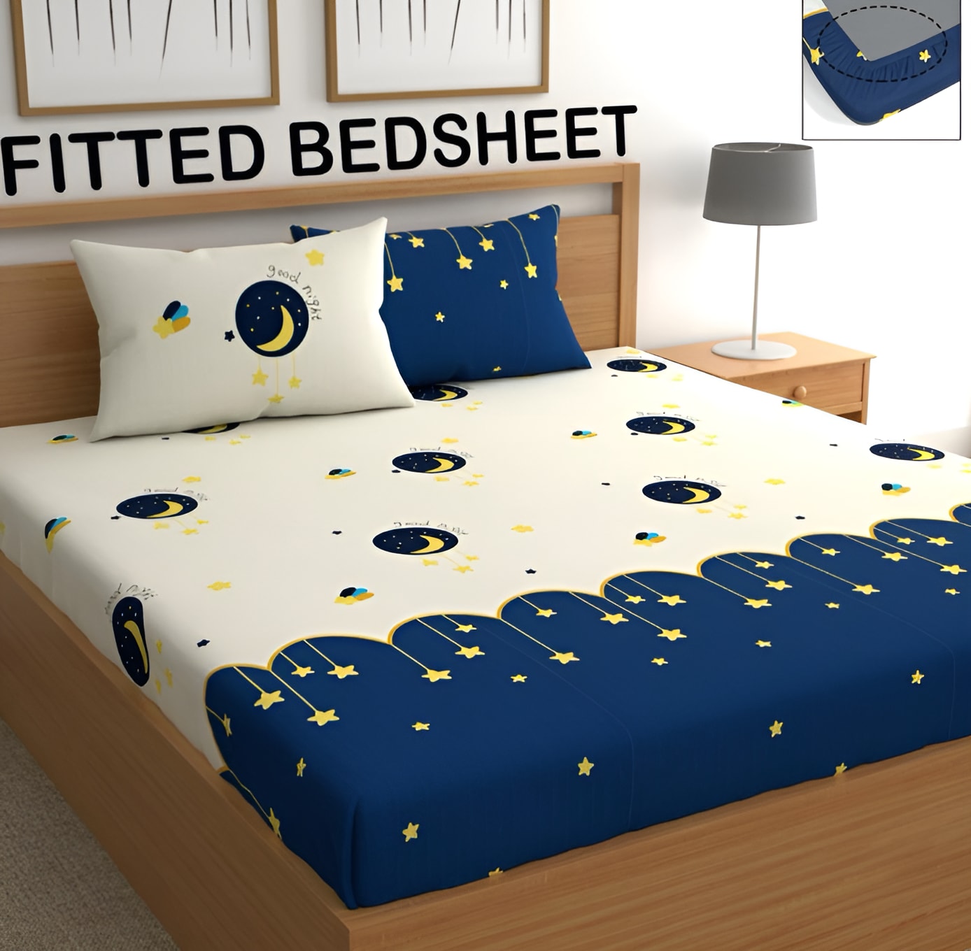 GOOD NIGHT 220 TC  Fitted Floral Bedsheet BLUE AND CREAM with 2 Pillow Covers (72X78X Upto 10 Inches) & 360 Degree Elasticated
