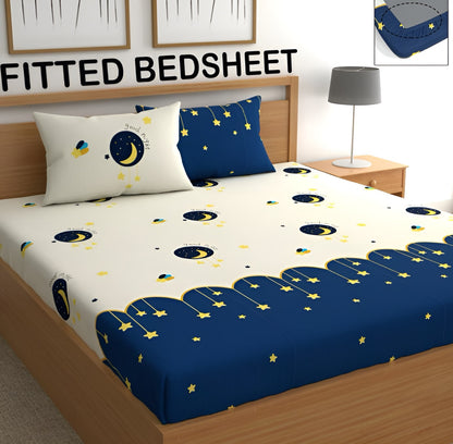 GOOD NIGHT 220 TC  Fitted Floral Bedsheet BLUE AND CREAM with 2 Pillow Covers (72X78X Upto 10 Inches) & 360 Degree Elasticated