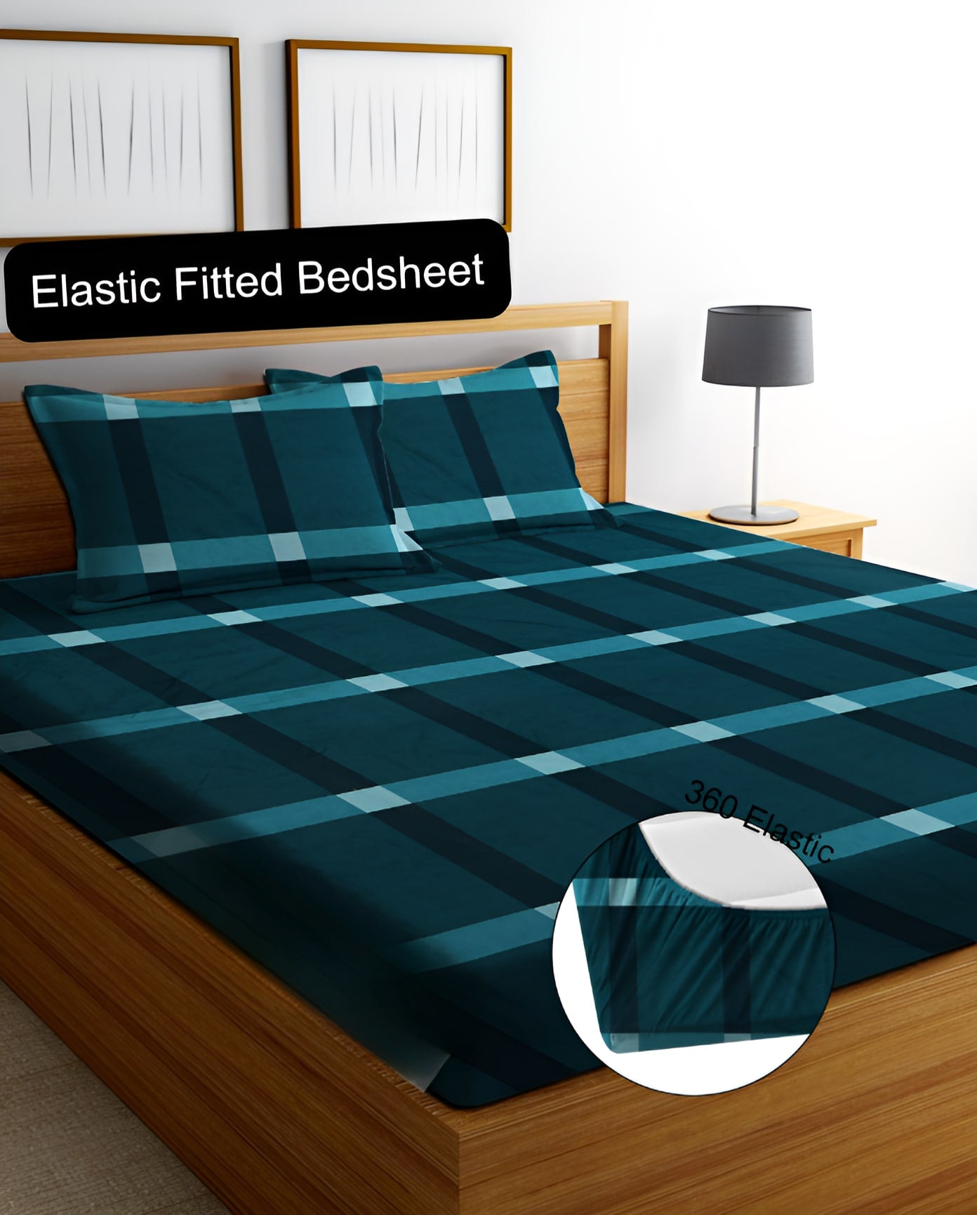 Geometric Premium  Fitted Elastic Bedsheet With Two Pillow Covers (72X78X Upto 10 Inches) & 360 Degree Elasticated