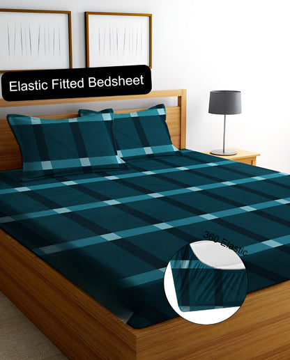 Geometric Premium  Fitted Elastic Bedsheet With Two Pillow Covers (72X78X Upto 10 Inches) & 360 Degree Elasticated