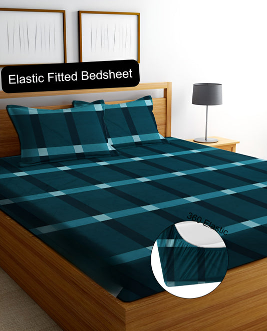 Geometric Premium  Fitted Elastic Bedsheet With Two Pillow Covers (72X78X Upto 10 Inches) & 360 Degree Elasticated