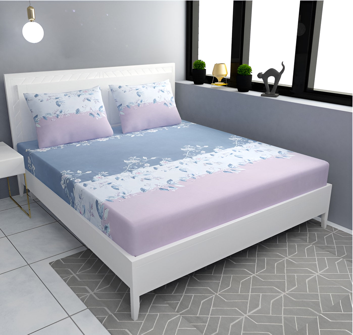 GREY AND PINK 220 TC Cotton All Round Elastic Fitted Bedsheet with  2 Pillow Covers  (72X78X Upto 10 Inches) & 360 Degree Elasticated