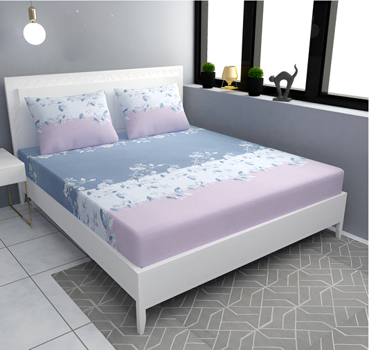 GREY AND PINK 220 TC Cotton All Round Elastic Fitted Bedsheet with  2 Pillow Covers  (72X78X Upto 10 Inches) & 360 Degree Elasticated