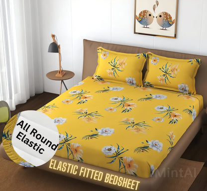 YELLOW FLOWER Premium  Fitted Elastic Bedsheet With Two Pillow Covers  (72X78X Upto 10 Inches) & 360 Degree Elasticated