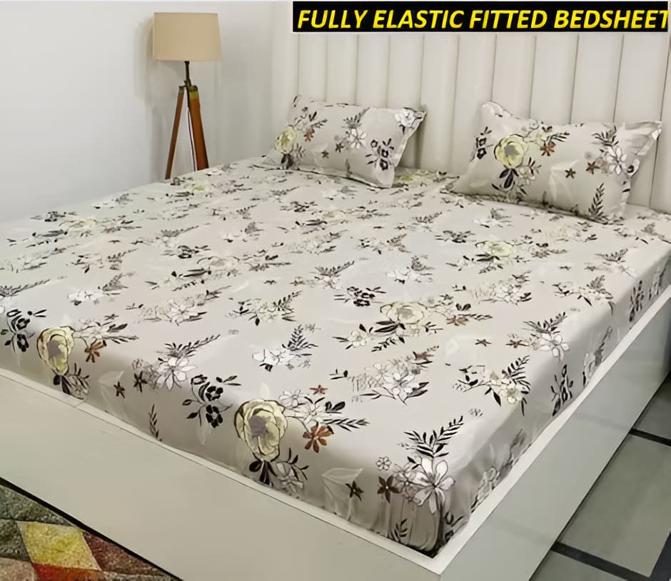 LIGHT GREY Premium King Size Fitted Elastic Bedsheet With Two Pillow Covers (72X78X Upto 10 Inches) & 360 Degree Elasticated