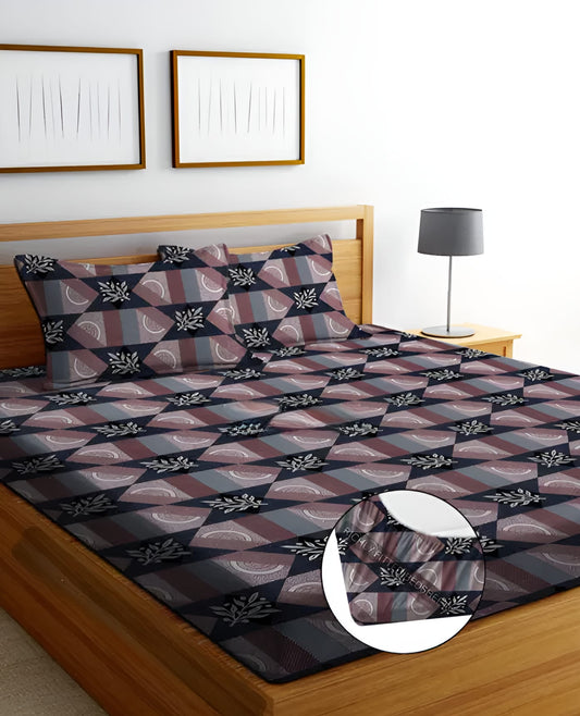 JAIPURI PRINTED 220 TC  Fitted Elastic Bedsheet With Two Pillow Covers (72X78X Upto 10 Inches) & 360 Degree Elasticated