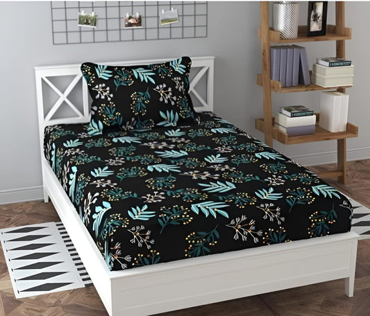 220 TC Black And Green Floral Design Single Bed Fitted Bedsheet Having Size 36X72 (Fits Upto 8 Inches Of Mattress)