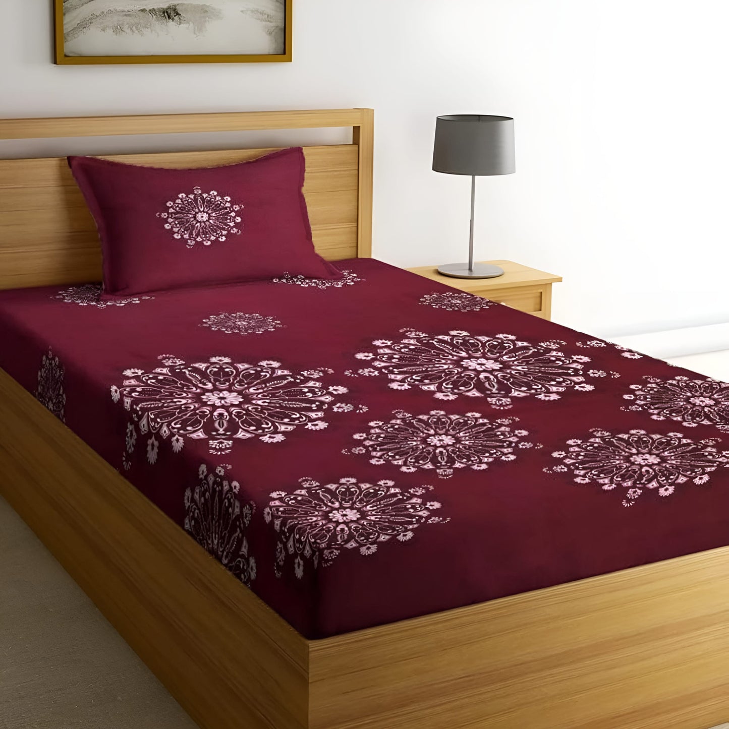 220 TC Maroon Color Design Single Bed Fitted Bedsheet Having Size 36X72 (Fits Upto 8 Inches Of Mattress)