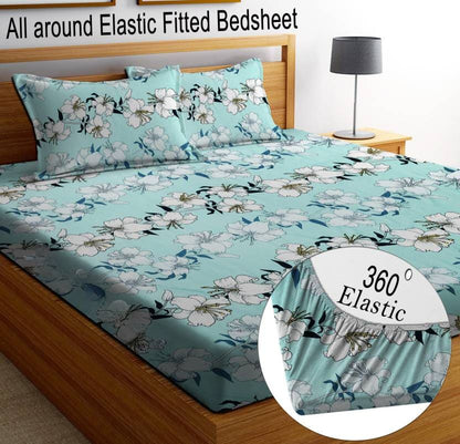 White Petals 220 TC  Fitted Elastic Bedsheet With Two Pillow Covers  (72X78X Upto 10 Inches) & 360 Degree Elasticated