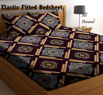 BROWN DAMASS 220 TC  Fitted Elastic Bedsheet With Two Pillow Covers (72X78X Upto 10 Inches) & 360 Degree Elasticated