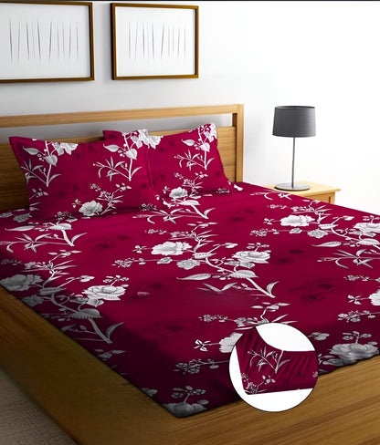 Floral Premium  Fitted Elastic Bedsheet With Two Pillow Covers  (72X78X Upto 10 Inches) & 360 Degree Elasticated