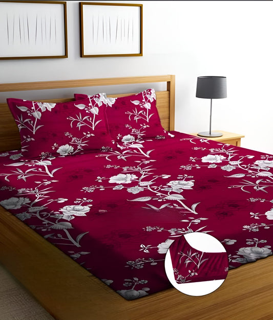 Floral Premium  Fitted Elastic Bedsheet With Two Pillow Covers  (72X78X Upto 10 Inches) & 360 Degree Elasticated
