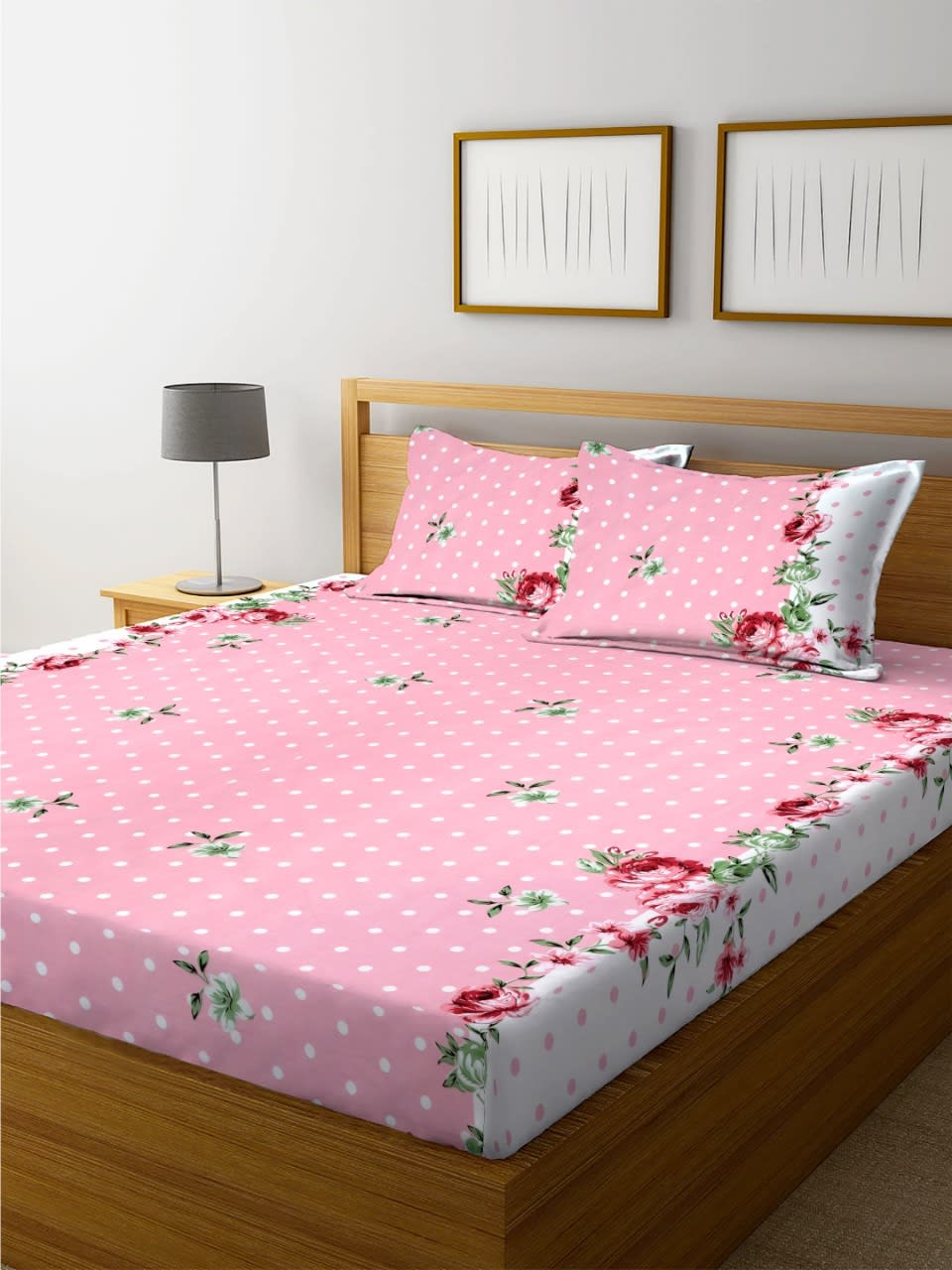 PNK DOTTED Premium  Fitted Elastic Bedsheet With Two Pillow Covers (72X78X Upto 10 Inches) & 360 Degree Elasticated