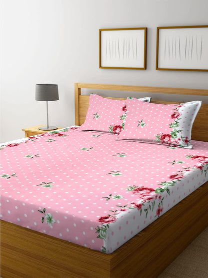 PNK DOTTED Premium  Fitted Elastic Bedsheet With Two Pillow Covers (72X78X Upto 10 Inches) & 360 Degree Elasticated