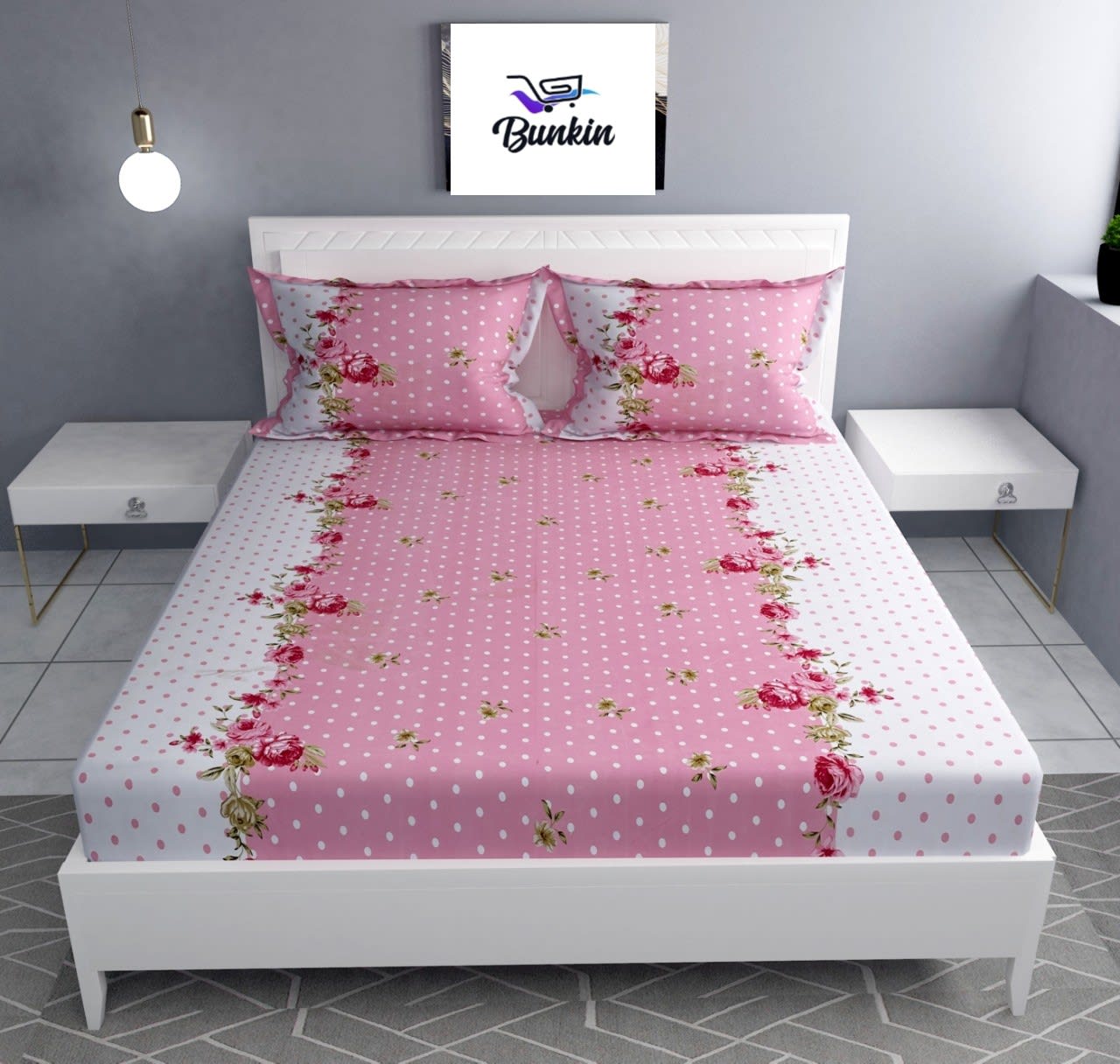 PINK DOTTED Premium  Fitted Floral Bedshee(72X78X upto 10'') & 360 Degree Elasticated