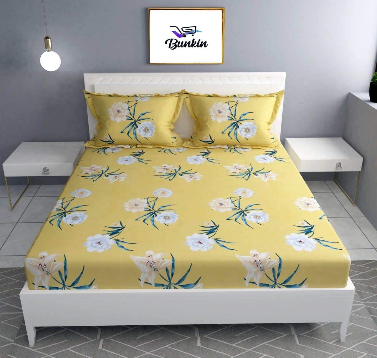 YELLOW FLOWER Premium  Fitted Floral Bedsheet Multicolour (72X78X Upto 10 Inches) & 360 Degree Elasticated