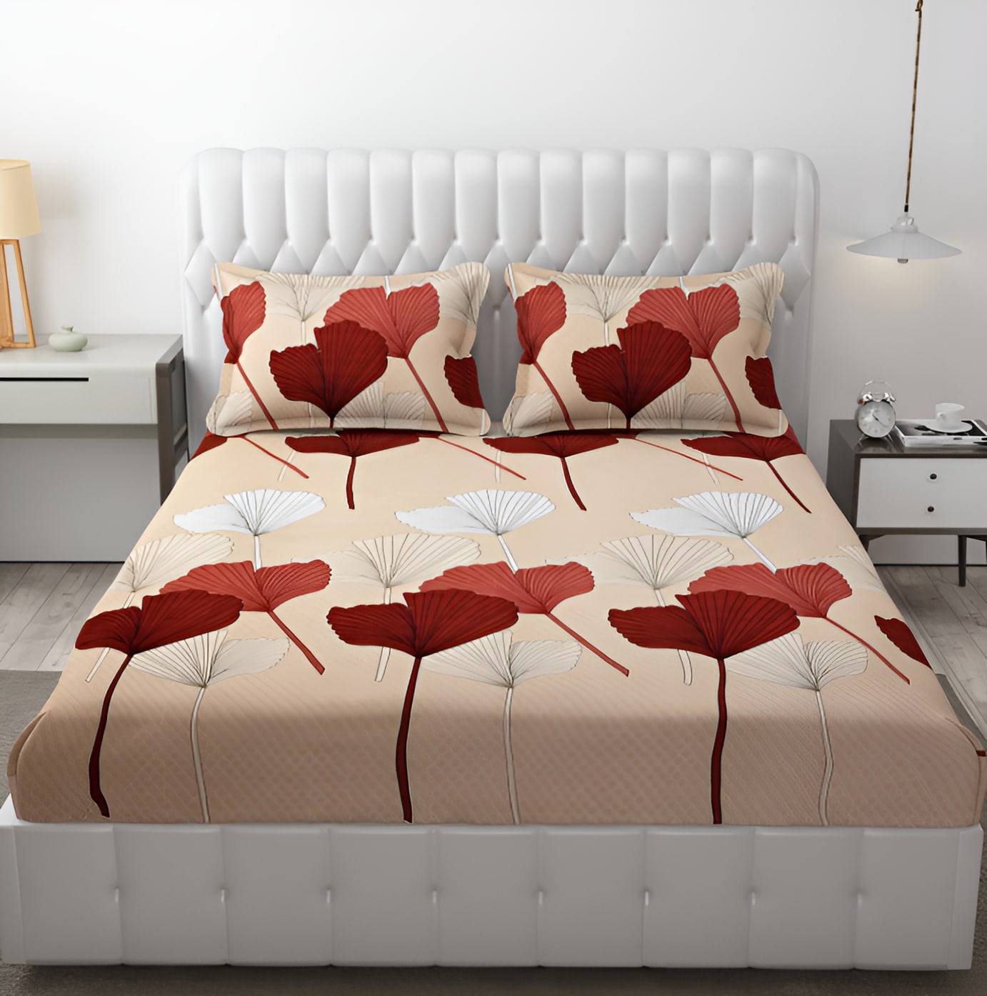 BIG RED LEAVES Premium  Fitted Elastic Bedsheet With Two Pillow Covers  (72X78X Upto 10 Inches) & 360 Degree Elasticated
