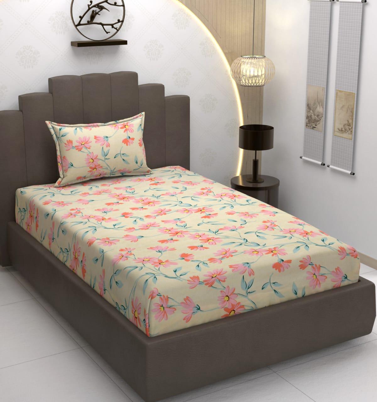 220 TC Orange Floral Single Bed Fitted Bedsheet Having Size 36X72 (Fits Upto 8 Inches Of Mattress)
