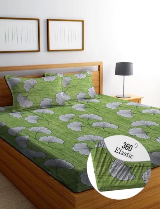 GREEN PETALS Elastic Fitted Bedsheets with 2 Pillow Covers (72X78X Upto 10 Inches) & 360 Degree Elasticated