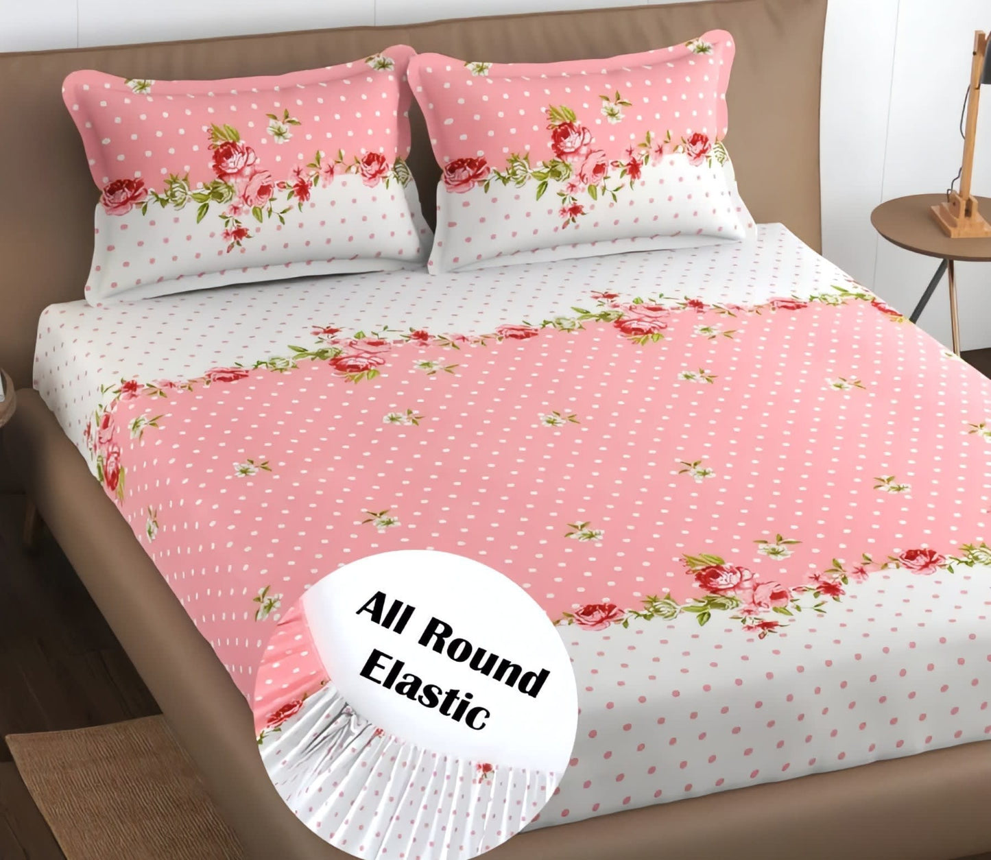 PINK DOTTED 250 TC Cotton  All Round Elastic Fitted Bedsheet with 2 Pillow Covers (72X78X Upto 10 Inches) & 360 Degree Elasticated
