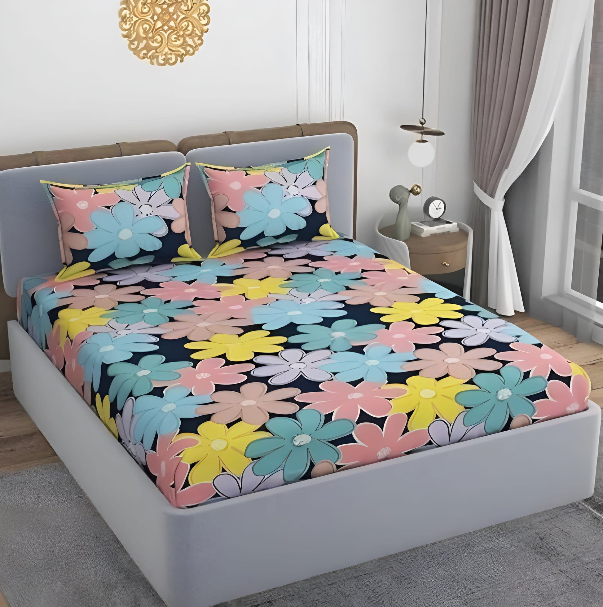 PINK SUNFLOWER Premium King Size Fitted Elastic Bedsheet With Two Pillow Covers (72X78X Upto 10 Inches) & 360 Degree Elasticated