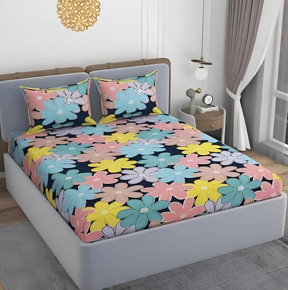 PINK SUNFLOWER Premium King Size Fitted Elastic Bedsheet With Two Pillow Covers (72X78X Upto 10 Inches) & 360 Degree Elasticated