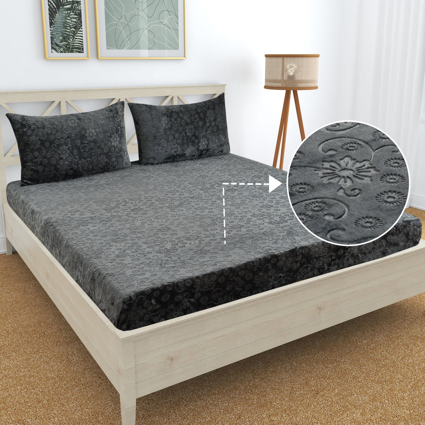 PREMIUM 500 TC HEAVY VELVET WARM  FITTED BEDSHEET WITH ELASTIC ALL AROUND having Embossing Floral design