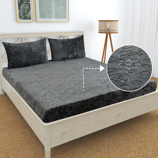 PREMIUM 500 TC HEAVY VELVET WARM  FITTED BEDSHEET WITH ELASTIC ALL AROUND having Embossing Floral design