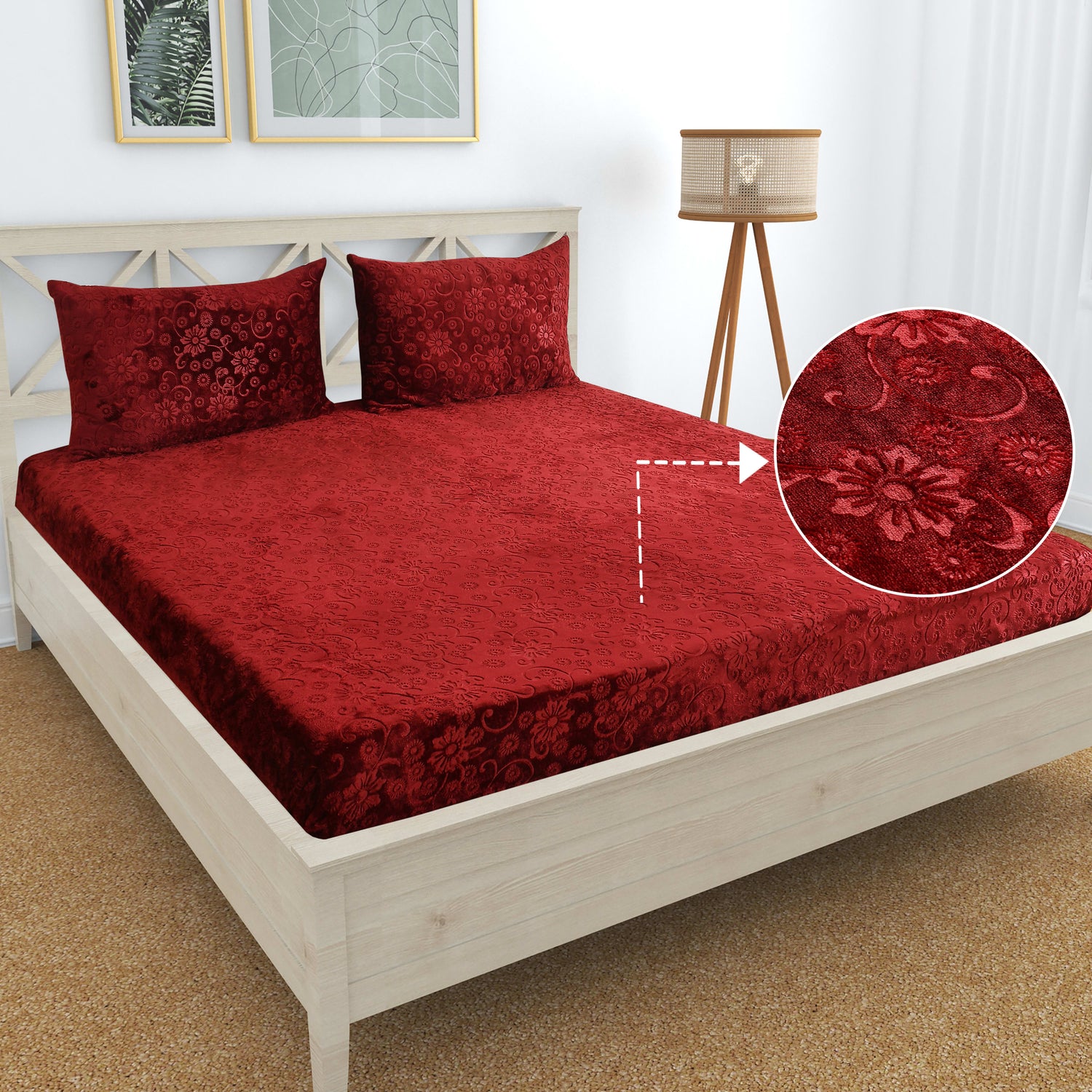 PREMIUM 500 TC HEAVY VELVET WARM  FITTED BEDSHEET WITH ELASTIC ALL AROUND having Embossing Floral design
