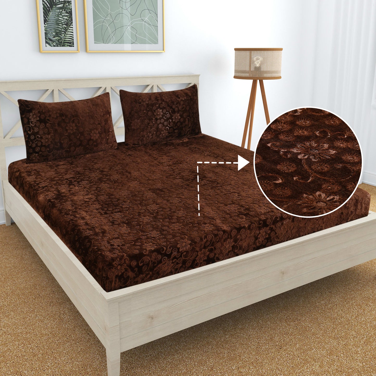 PREMIUM 500 TC HEAVY VELVET WARM  FITTED BEDSHEET WITH ELASTIC ALL AROUND having Embossing Floral design