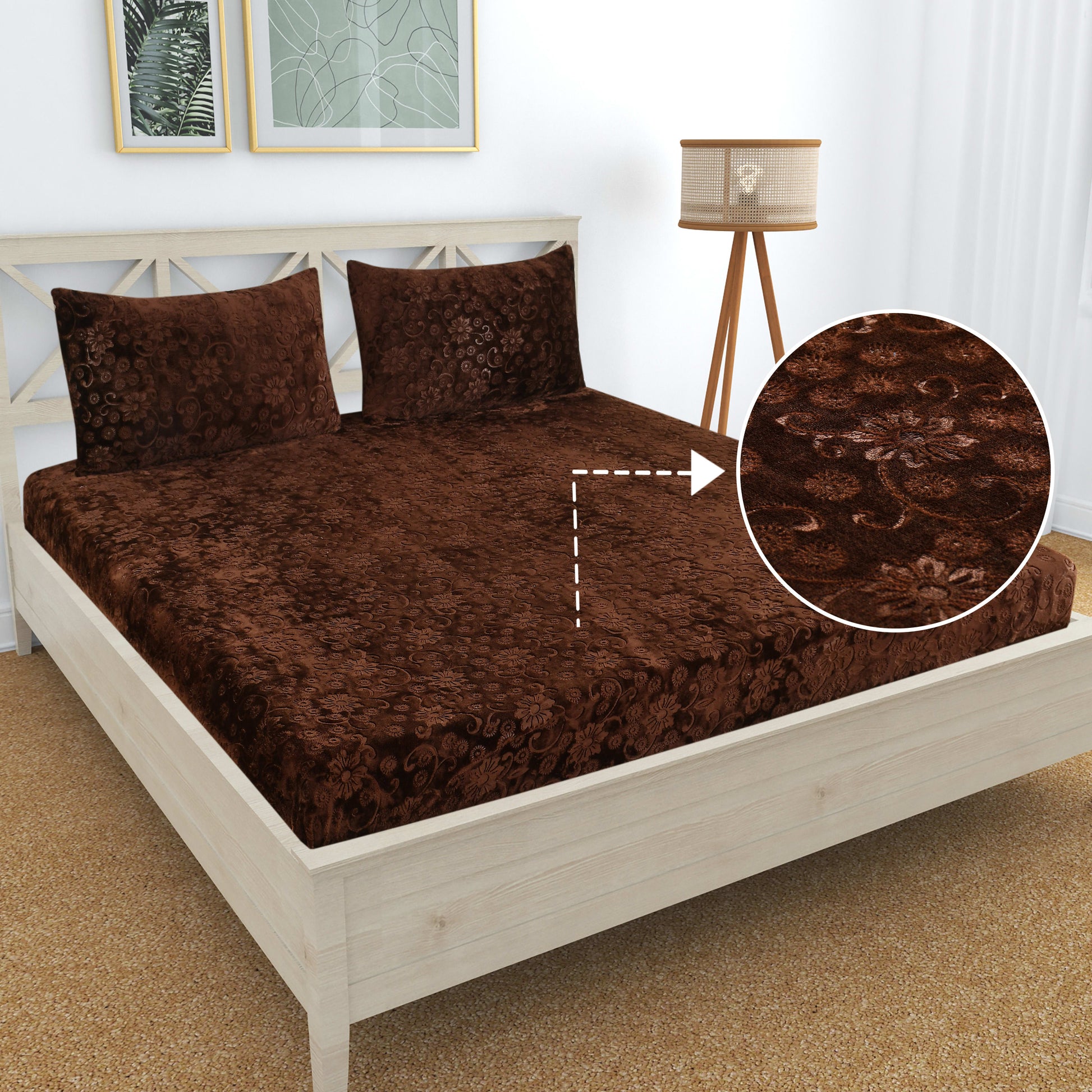 PREMIUM 500 TC HEAVY VELVET WARM  FITTED BEDSHEET WITH ELASTIC ALL AROUND having Embossing Floral design