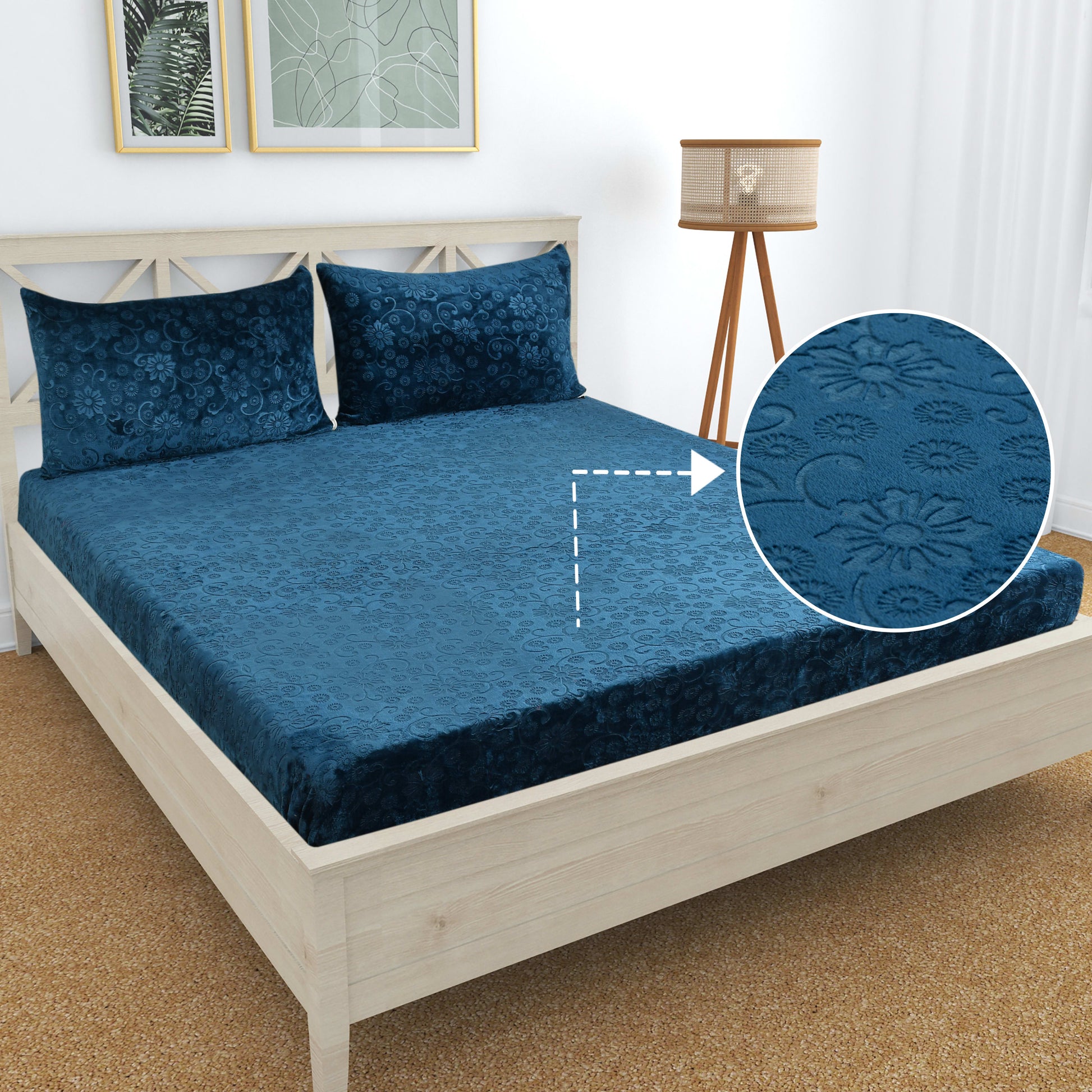 PREMIUM 500 TC HEAVY VELVET WARM  FITTED BEDSHEET WITH ELASTIC ALL AROUND having Embossing Floral design