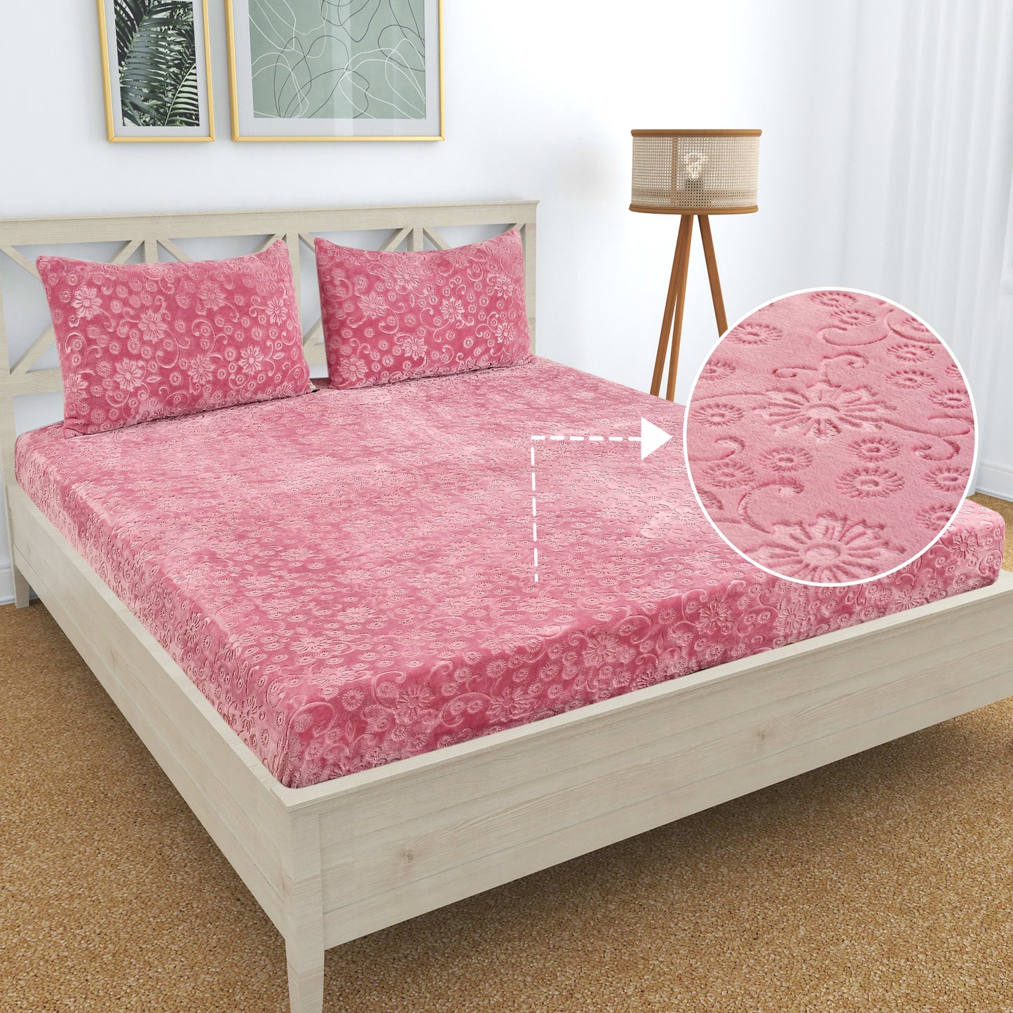 PREMIUM 500 TC HEAVY VELVET WARM  FITTED BEDSHEET WITH ELASTIC ALL AROUND having Embossing Floral design