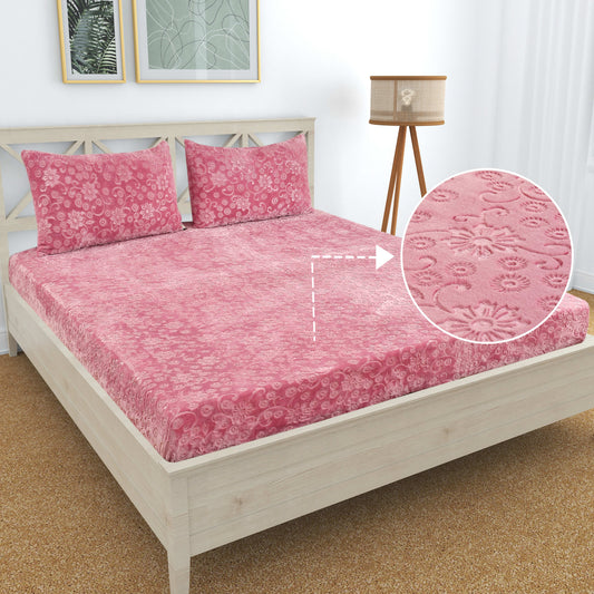 PREMIUM 500 TC HEAVY VELVET WARM  FITTED BEDSHEET WITH ELASTIC ALL AROUND having Embossing Floral design