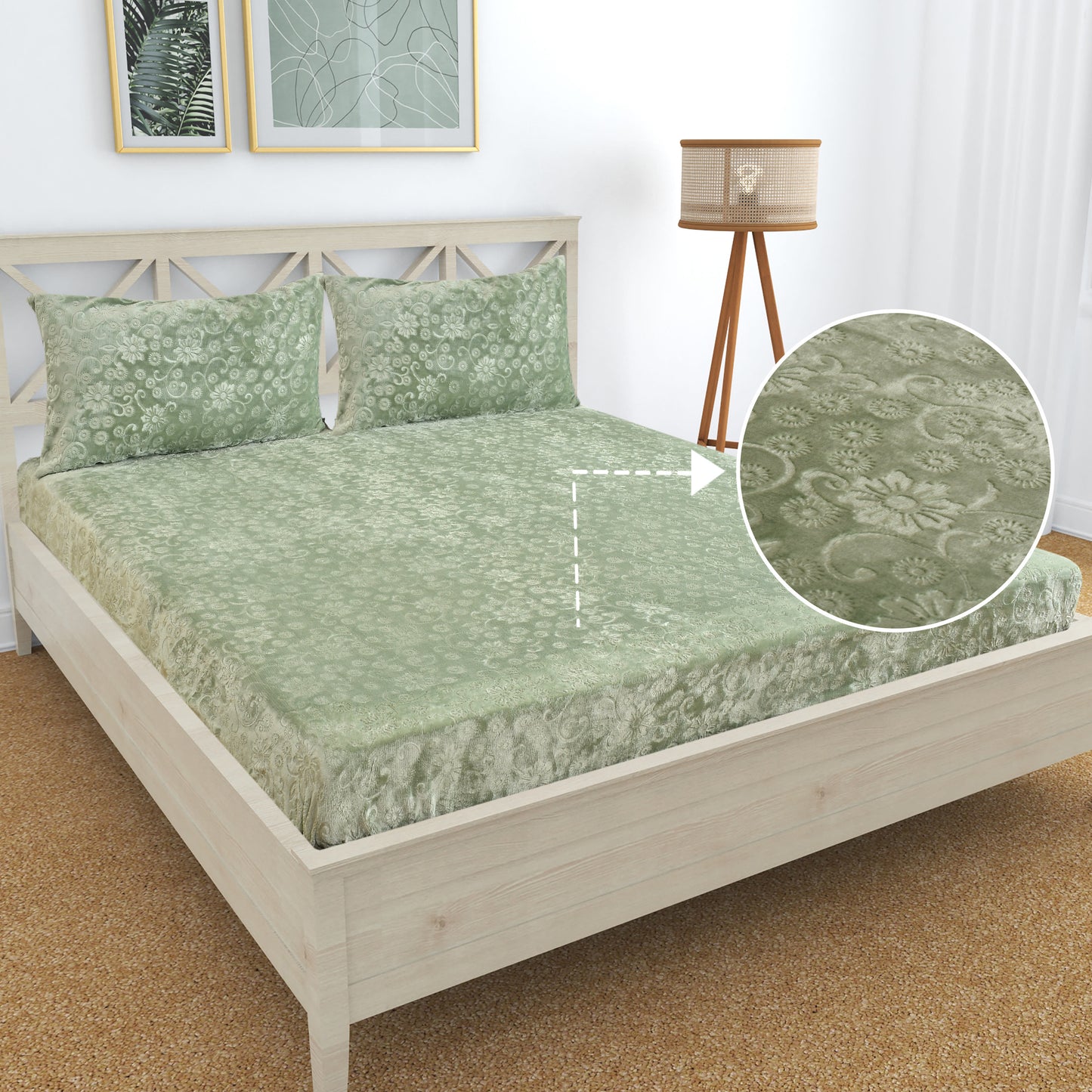 PREMIUM 500 TC HEAVY VELVET WARM  FITTED BEDSHEET WITH ELASTIC ALL AROUND having Embossing Floral design