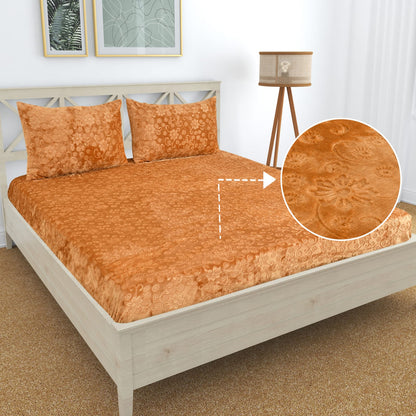 PREMIUM 500 TC HEAVY VELVET WARM  FITTED BEDSHEET WITH ELASTIC ALL AROUND having Embossing Floral design