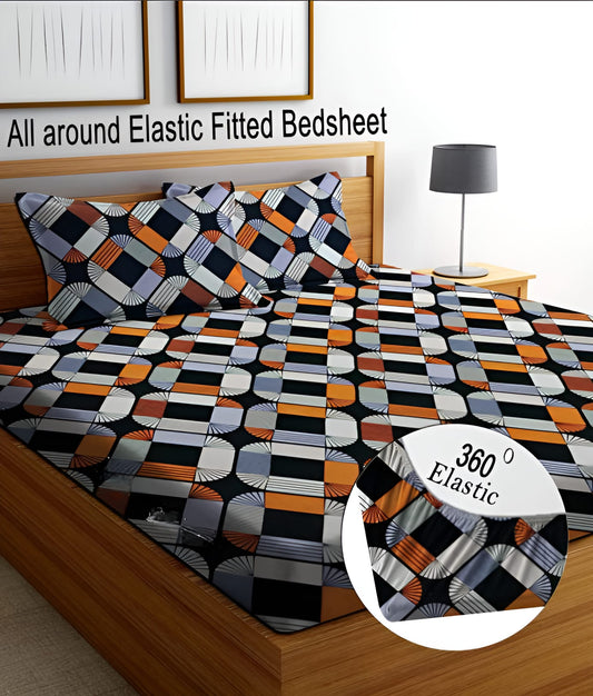 SQUARE BOX Premium  Fitted Elastic Bedsheet With Two Pillow Covers  (72X78X Upto 10 Inches) & 360 Degree Elasticated | BS