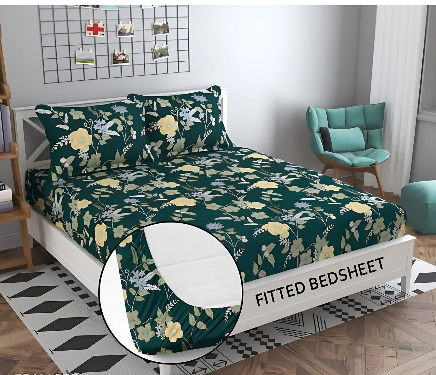 NEW GREEN 220 TC Double Bedsheet With 2 Pillow Covers (72X78X Upto 10 Inches) & 360 Degree Elasticated