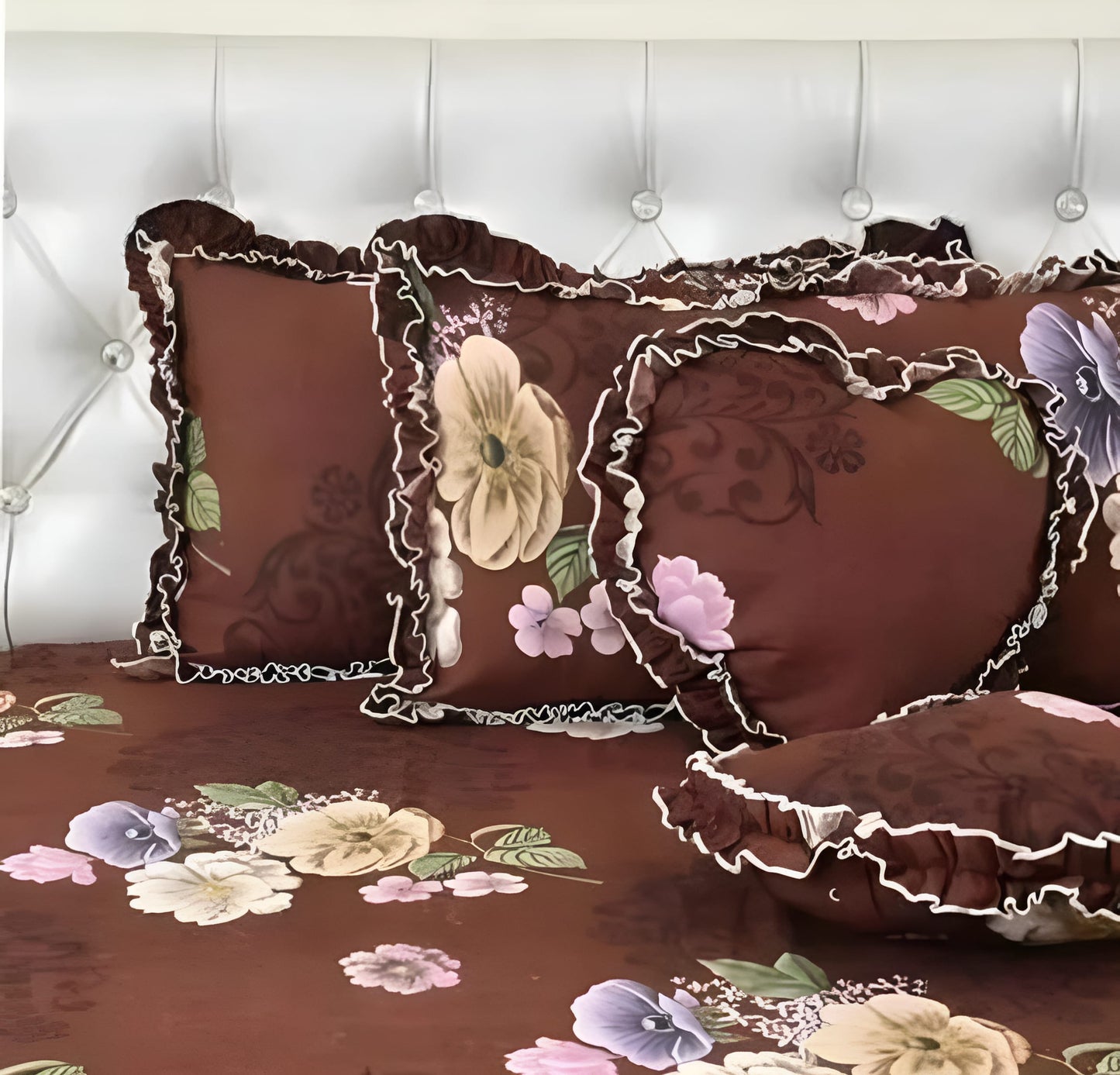 Premium 5-Piece Cotton Bedding Set: Includes 1 Flat Bedsheet, 2 FRILLED Zipped Pillow Covers, 2 FRILLED Cushion Covers, and 2 Cushion fillers