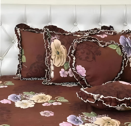 Premium 5-Piece Cotton Bedding Set: Includes 1 Flat Bedsheet, 2 FRILLED Zipped Pillow Covers, 2 FRILLED Cushion Covers, and 2 Cushion fillers